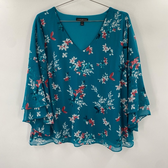 Lane Bryant Tops - Lane Bryant V Neck Floral Blouse Blue Size 14